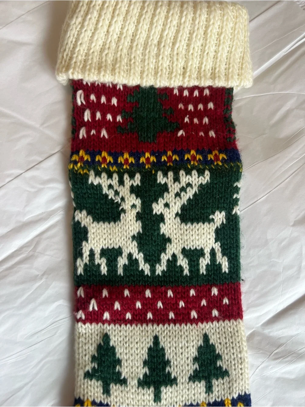 Holiday Knit Reindeer & Tree Christmas Stocking - Cream, Red, Green, Blue